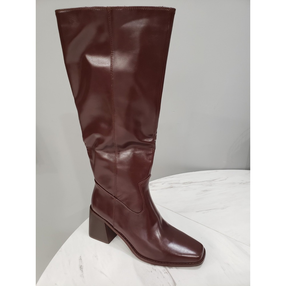 NEW SIZE 10 - MUCCCUTE Knee High Boots‎ Women Square Toe Chunky Heel Burgundy
